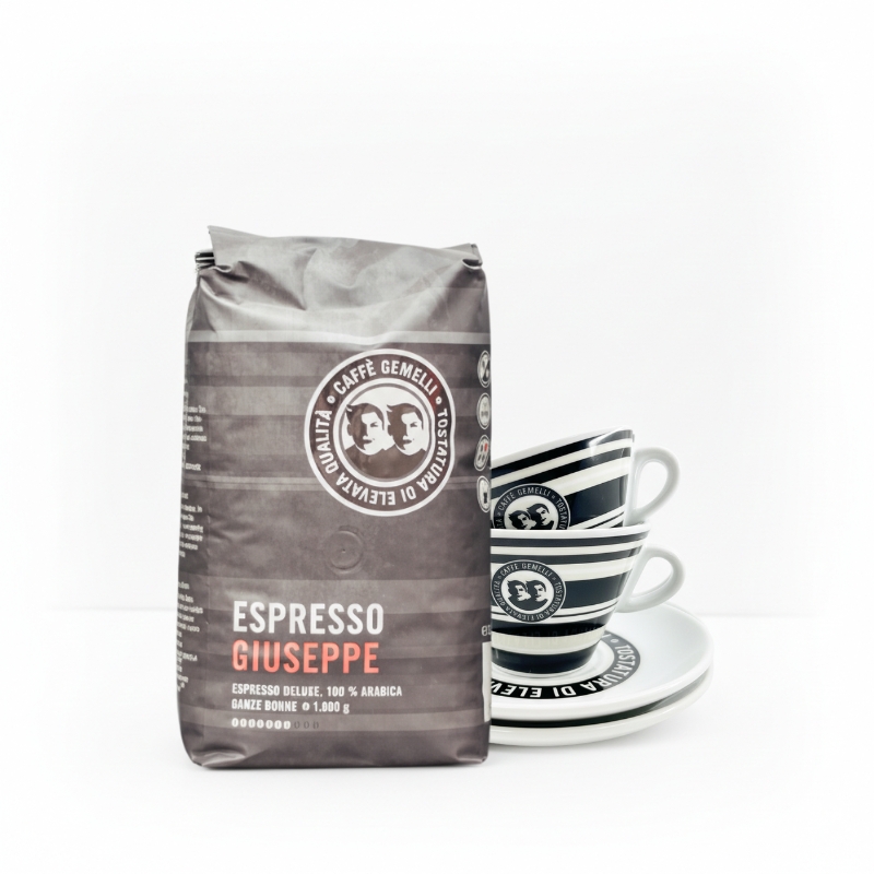 Caffé Gemelli Tassen Set mit 1 kg Espresso Giuseppe von Coffeechecker